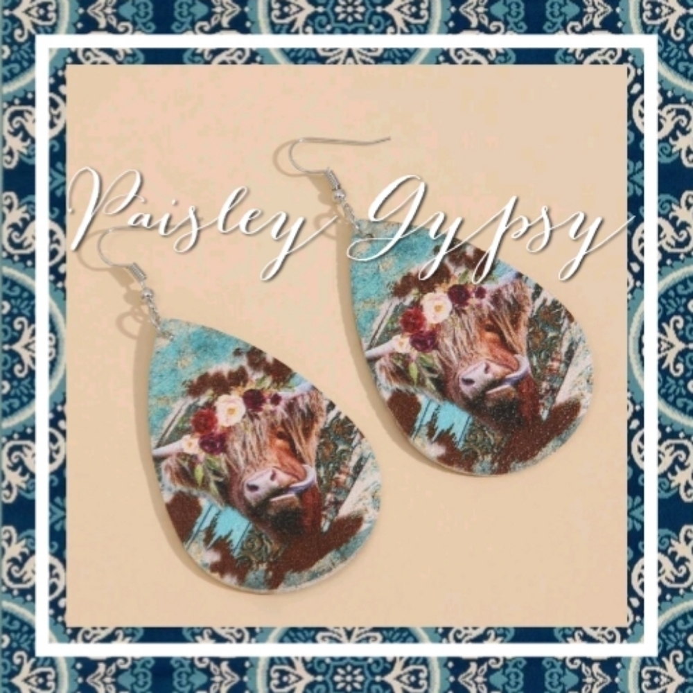 Boho Cow Design Tear Drop Dangling Earrings